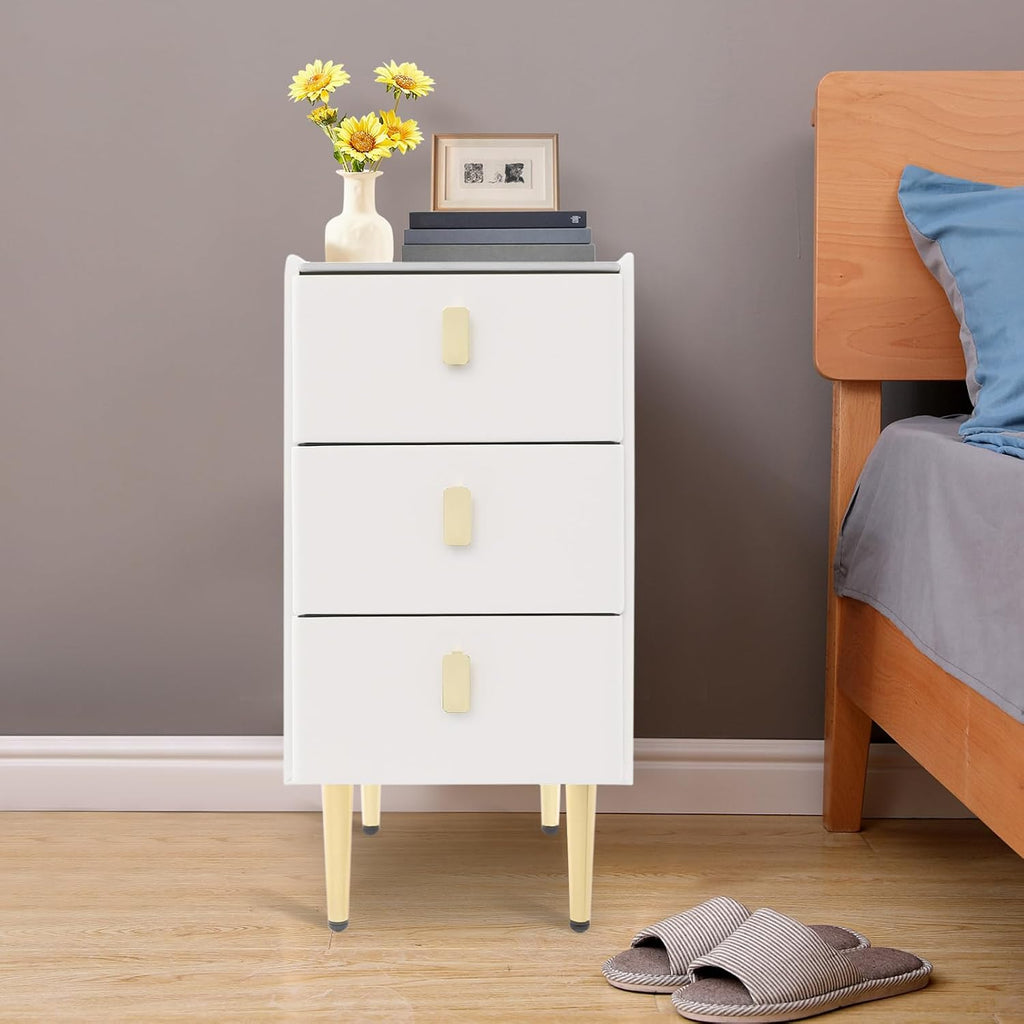 3-Layers Narrow Bedside Table, Space-Saving Living Room End Table with 3 Drawers, Leather Small Solid Wood Side Table with Support Legs for Small Spaces Bedroom (Off-White)