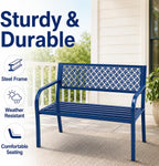 Heavy Duty Blue Steel Patio Garden Bench for 2 – 50" Wide, 790 lbs Capacity – Weather Resistant – Geometric Backrest & Slatted Seat – Porch, Deck, Entryway – Blue