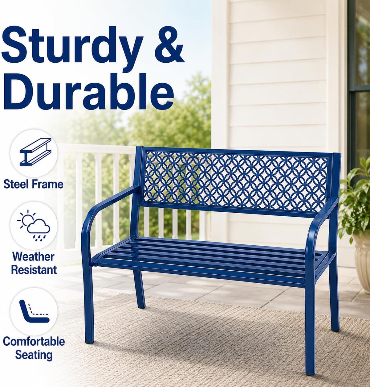 Heavy Duty Blue Steel Patio Garden Bench for 2 – 50" Wide, 790 lbs Capacity – Weather Resistant – Geometric Backrest & Slatted Seat – Porch, Deck, Entryway – Blue