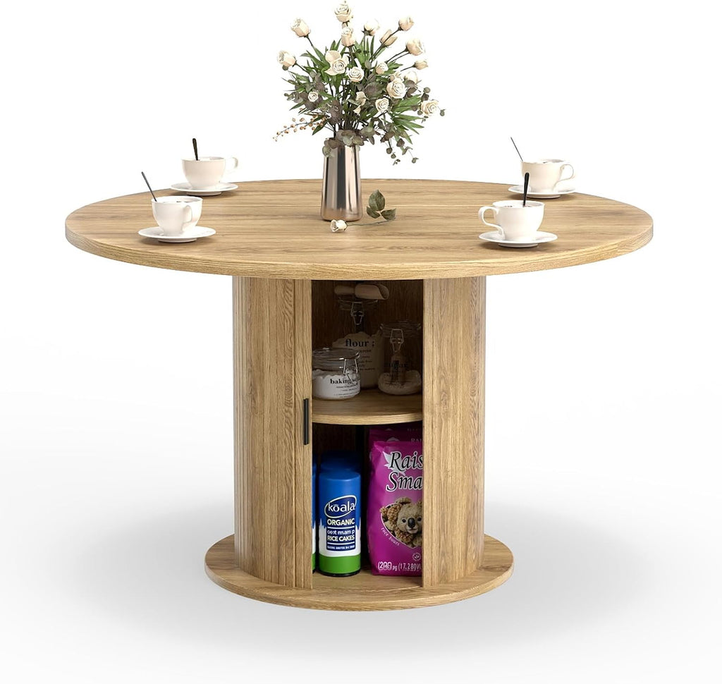47" Round Dining Table for 4-6, Kitchen Table Dinner Table with 2-Layer Hidden Storage and Wood Slide Door,Space Saving for Small Spaces, Mid-Century Modern Circle Design(Oak Color)