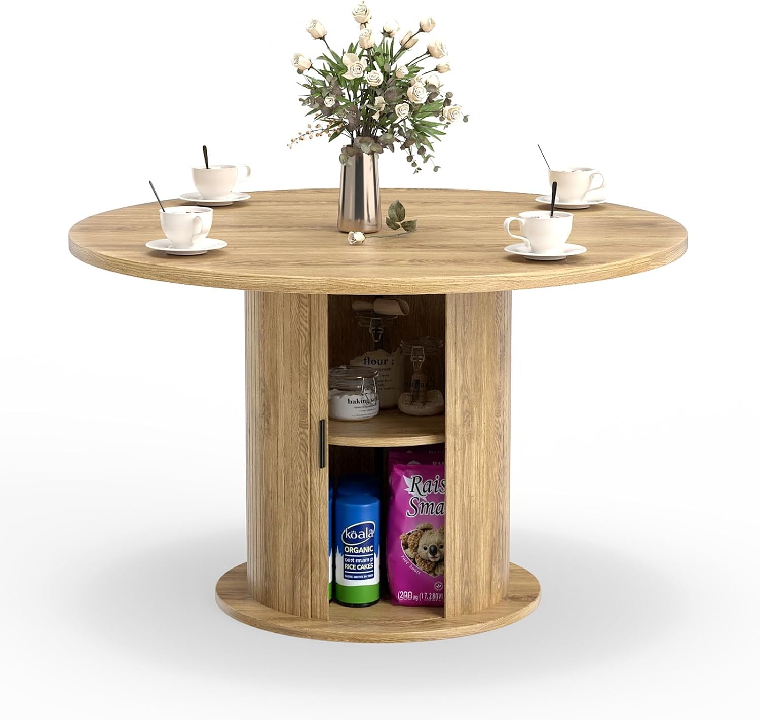 47" Round Dining Table for 4-6, Kitchen Table Dinner Table with 2-Layer Hidden Storage and Wood Slide Door,Space Saving for Small Spaces, Mid-Century Modern Circle Design(Oak Color)