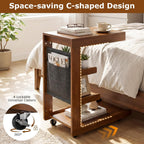 Byroce C Shaped End Table, Rolling Side Table with Adjustable Desktop, 4 Lockable Wheels, Storage Shelves & Edge Stopper, Modern Couch Tray Table for Sofa, TV, Living Room, Bedroom & Office (Brown)