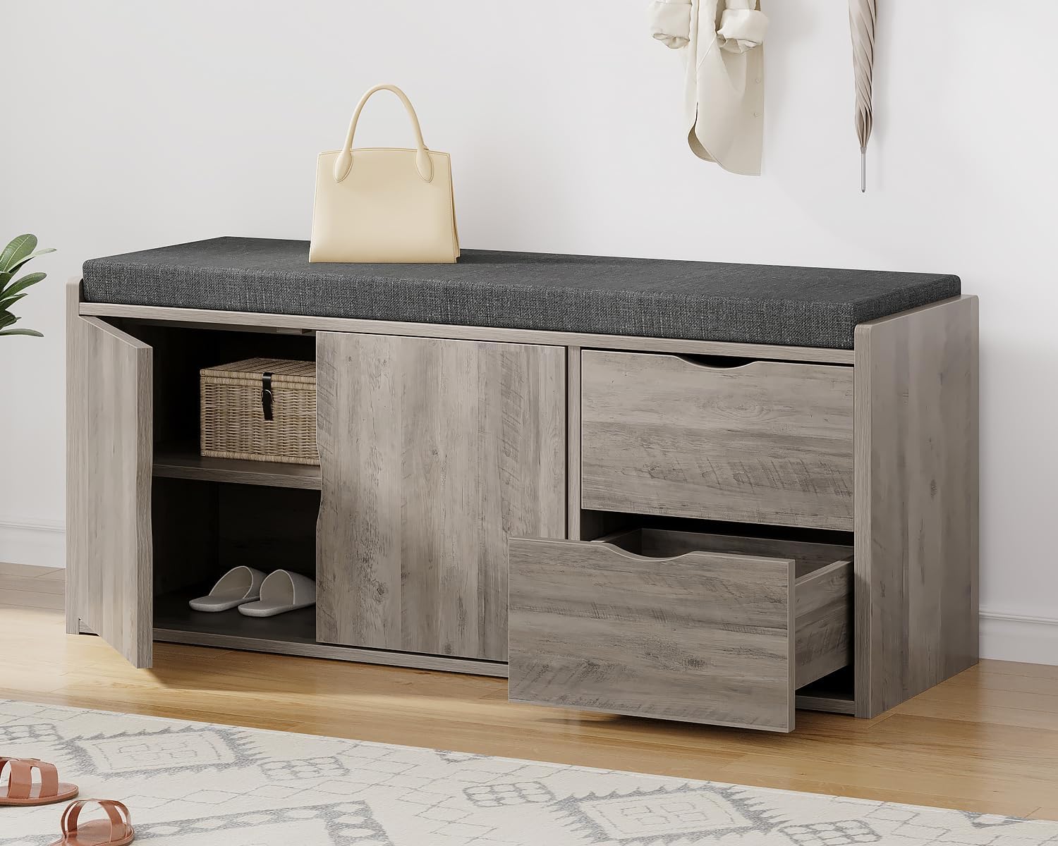 LVB 2-Tier Storage Bench with Padded Cushion, Entryway Shoe Bench with 2 Drawers, 2 Barn Doors & Adjustable Shelf, Industrial Style for Foyer, Bedroom, Living Room, Greige, 40 Inch