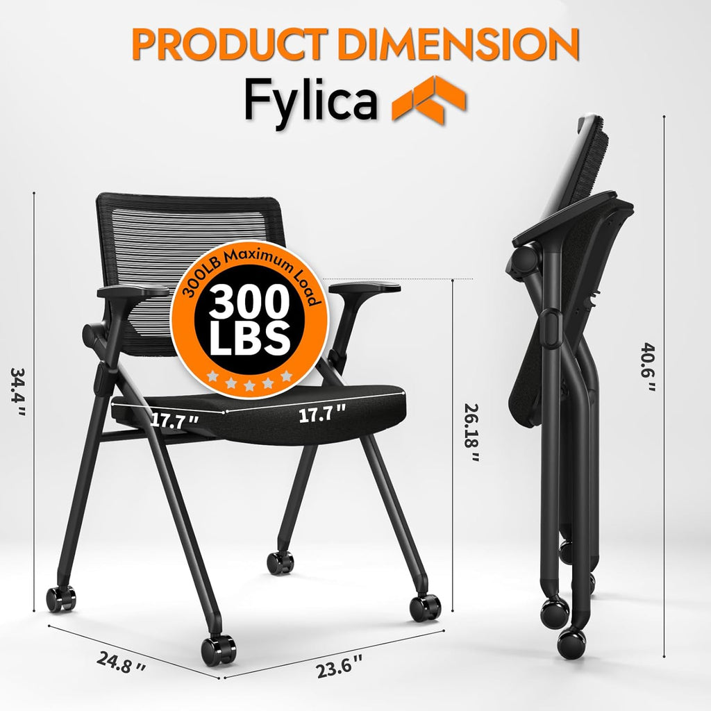 Foldable Office Chair with PU Wheels and Smooth Armrest-Ergonomic Mesh Bouncing Back, Stackable Conference Room Chair, Office Guest & Reception & Meeting Chair (Black)