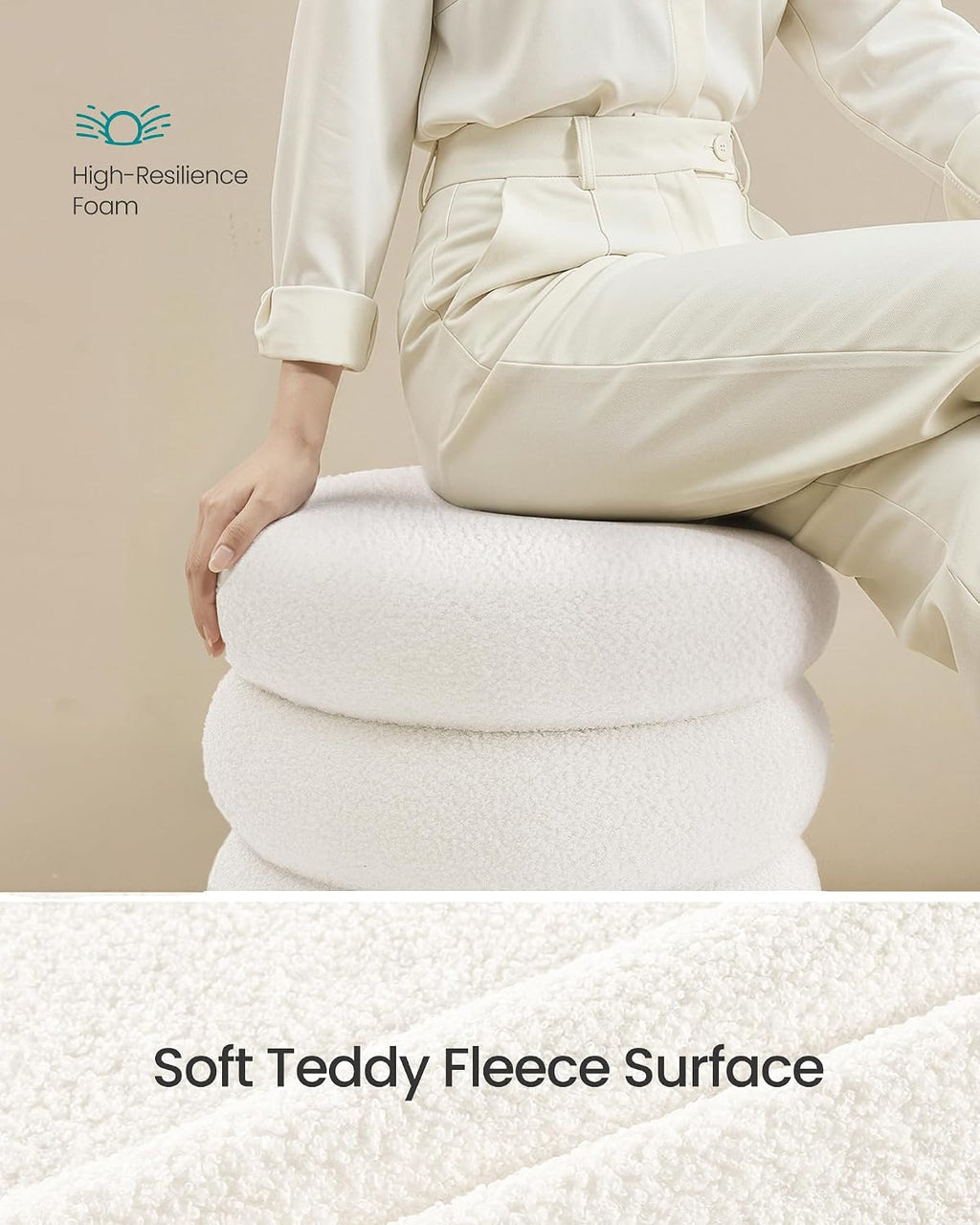 SONGMICS Vanity Stool, Round Ottoman with Storage, Upholstered Foot Stool, Removable Lid, for Living Room, Bedroom, Easy Assembly, 16.9 x 16.9 x 18.5 Inches, Teddy Fleece, White ULOM015WD01
