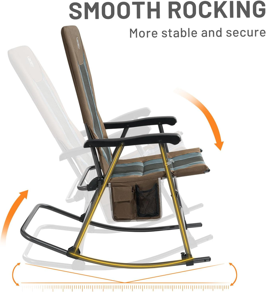 TIMBER RIDGE Outdoor Folding Rocking Chair, 29" Padded High Back Neck & Back Support, Hard Armrests for Easy Stand Up, Stable Steel Frame Supports 300 lb, Quick Fold for Patio, Lawn & RV Camping,Brown