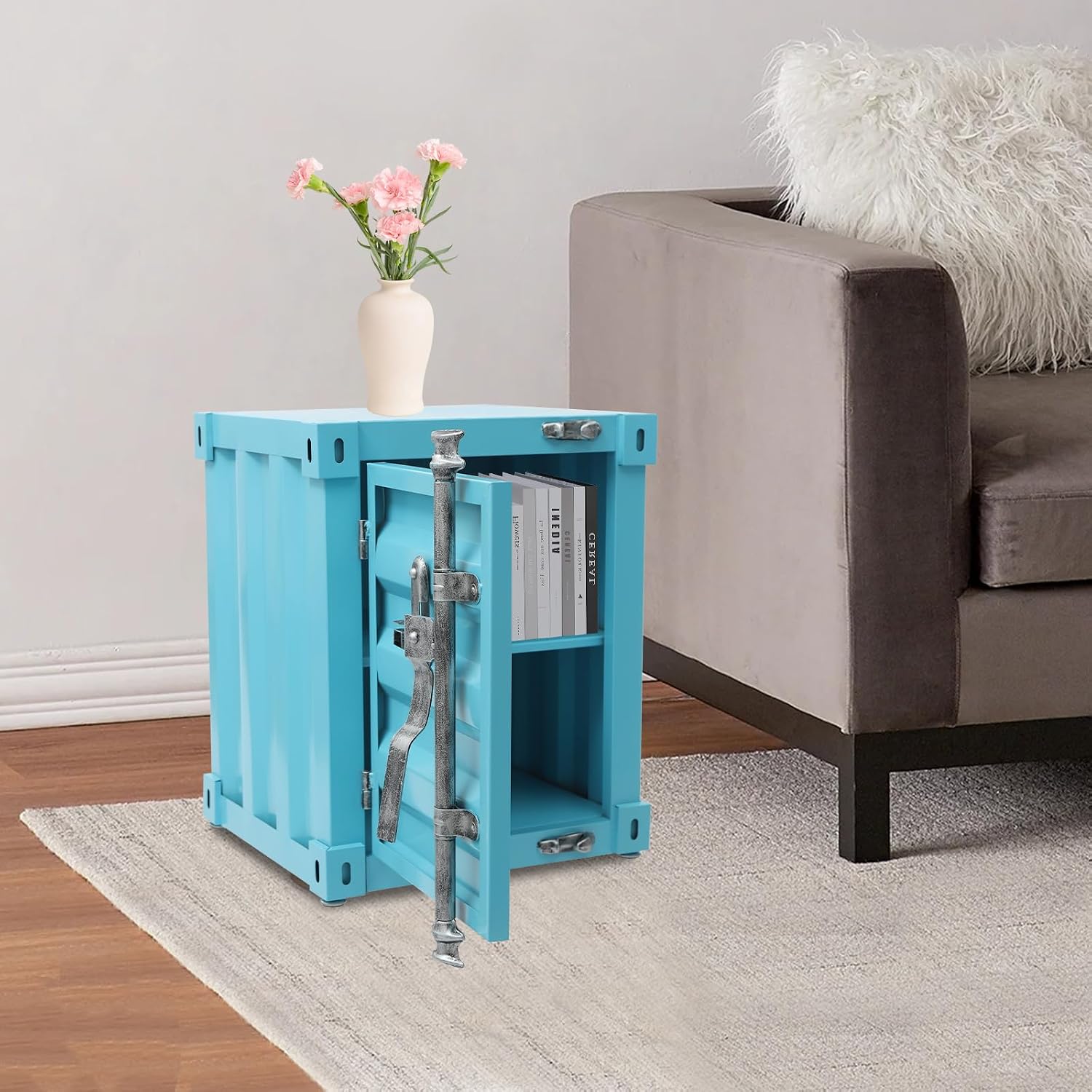 Side Table, Industrial Wind Container Cabinet Iron Bedside Table with Combination Lock, Industrial Style Container Cabinet Iron End Tables Nightstand for Bedroom Living Room (Blue)