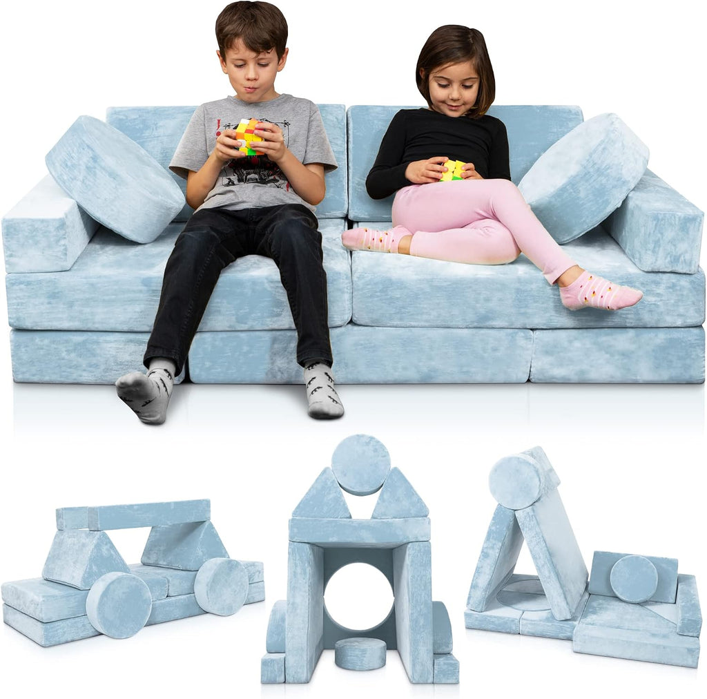 Lunix LX15 Modular Kids Couch 14pcs – Blue + Replacement Yellow Cover – Convertible Play Sofa for Toddlers & Kids – Washable, Soft Foam for Climbing, Building & Resting – Bundle and Save 10%