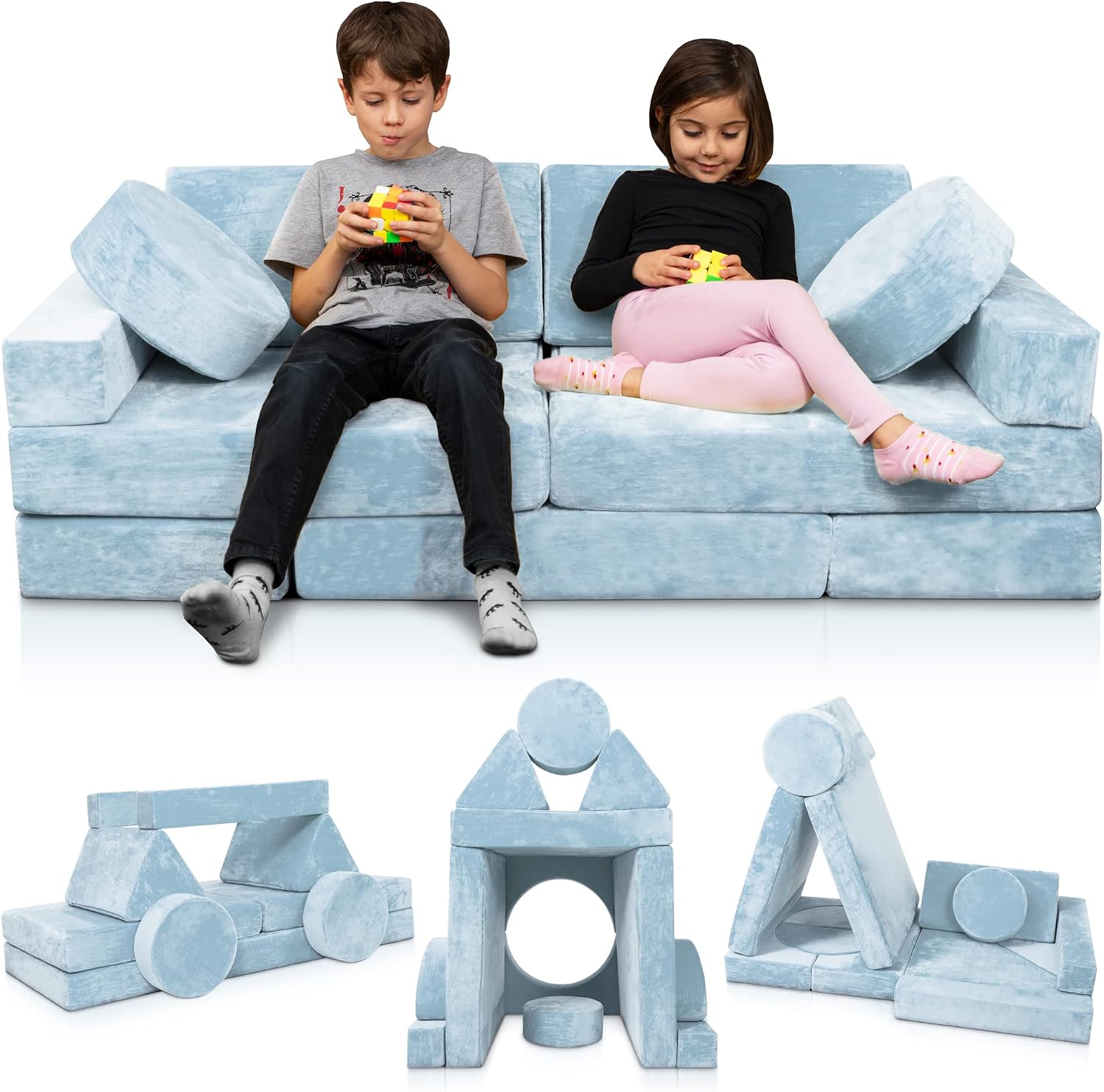 Lunix LX15 Modular Kids Couch 14pcs – Blue + Replacement Yellow Cover – Convertible Play Sofa for Toddlers & Kids – Washable, Soft Foam for Climbing, Building & Resting – Bundle and Save 10%