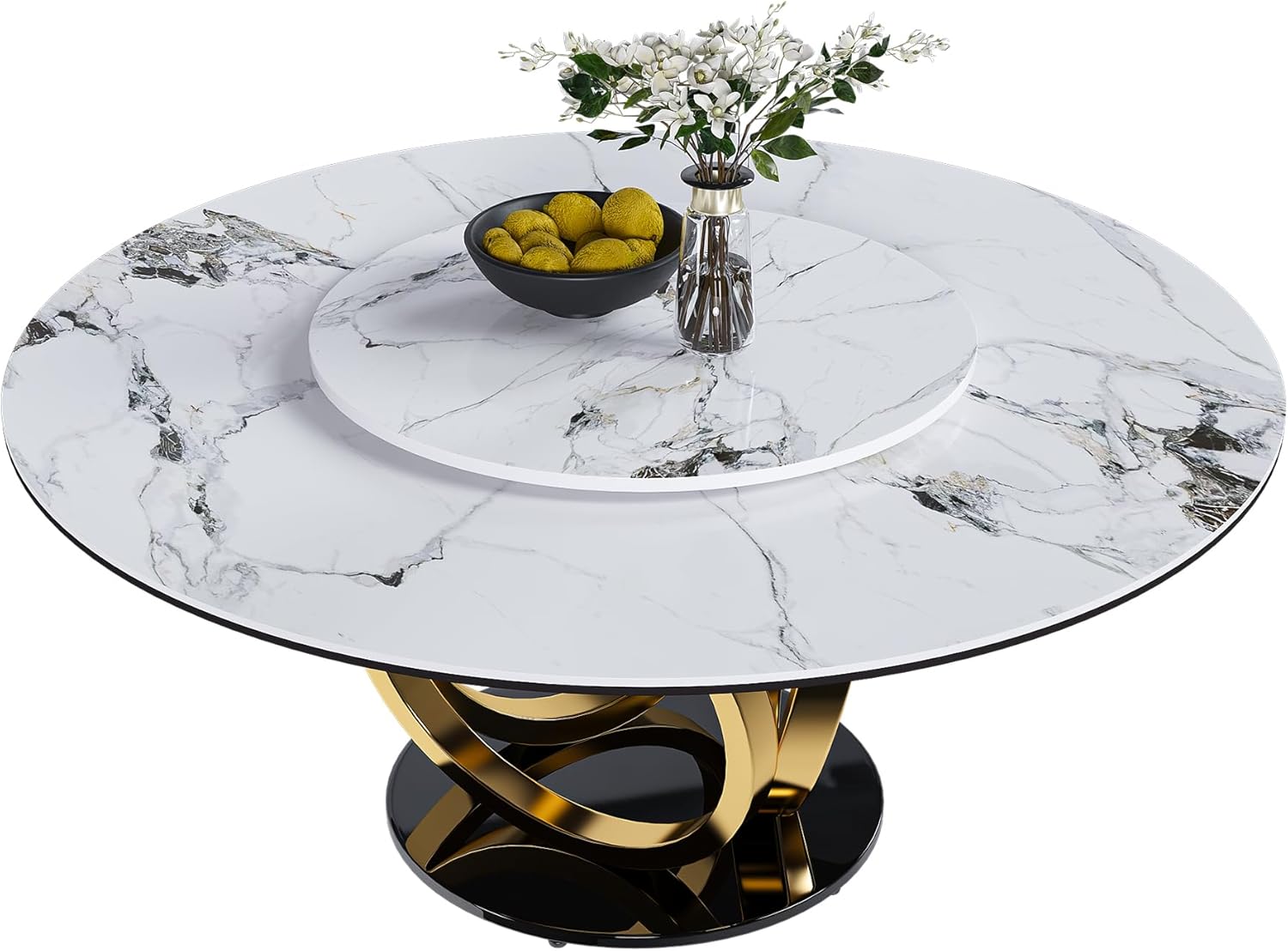 Leavader 59" Round Sintered Stone Dining Table with 31.5" Detachable Turntable Design, Modern White Artificial Dining Room Table for 6-8 (White & Golden 2)