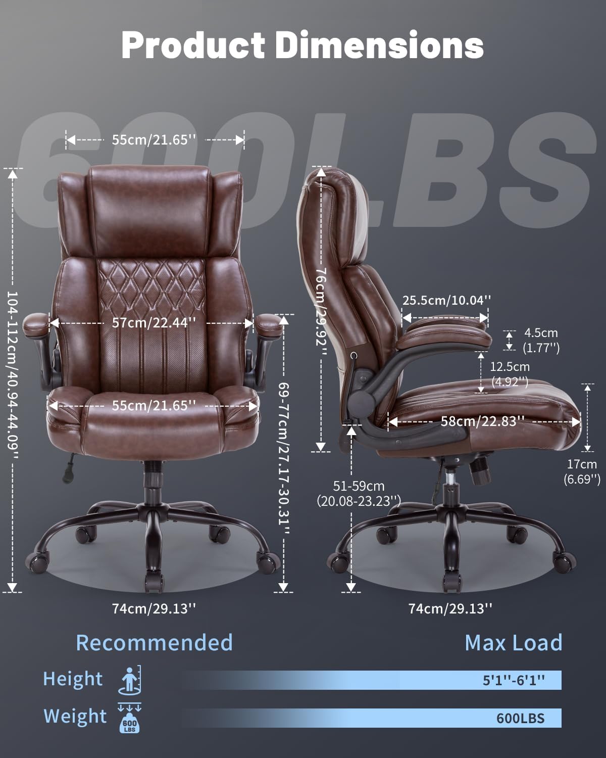 600LBS Large Heavy Duty Office Chair, Big and Tall Office Chair for Heavy People, Executive Desk Chair with Lumbar Support, Computer Desk Chairs with Flip Up Arm