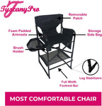 Portable Professional Tall Directors Chair with Side Tray - Custom Name/Logo Imprinted - 29 Inch Seat Height - for Salons, Makeup Artist, Hairstylist - Foldable Design