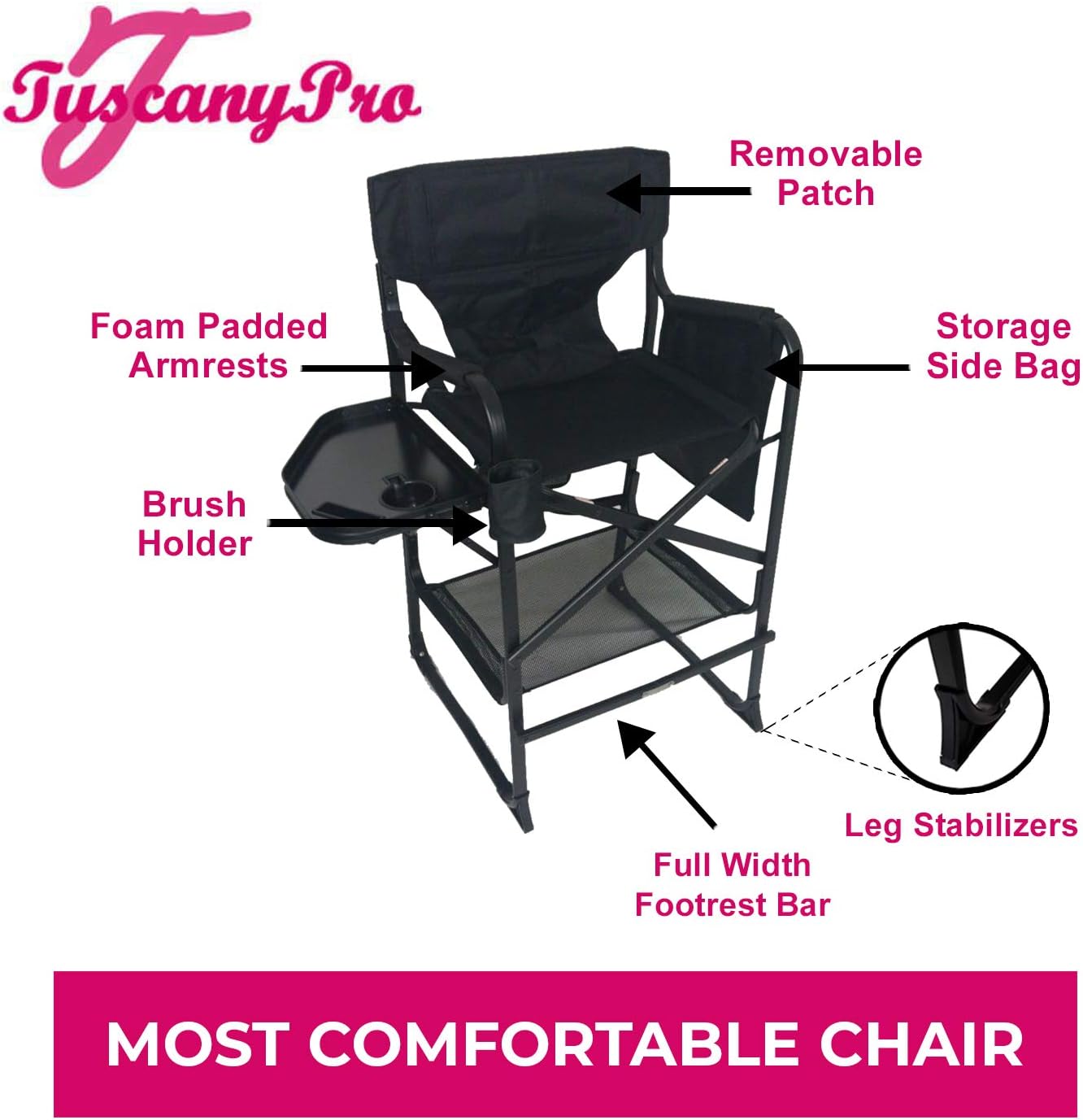 Portable Professional Tall Directors Chair with Side Tray - Custom Name/Logo Imprinted - 29 Inch Seat Height - for Salons, Makeup Artist, Hairstylist - Foldable Design