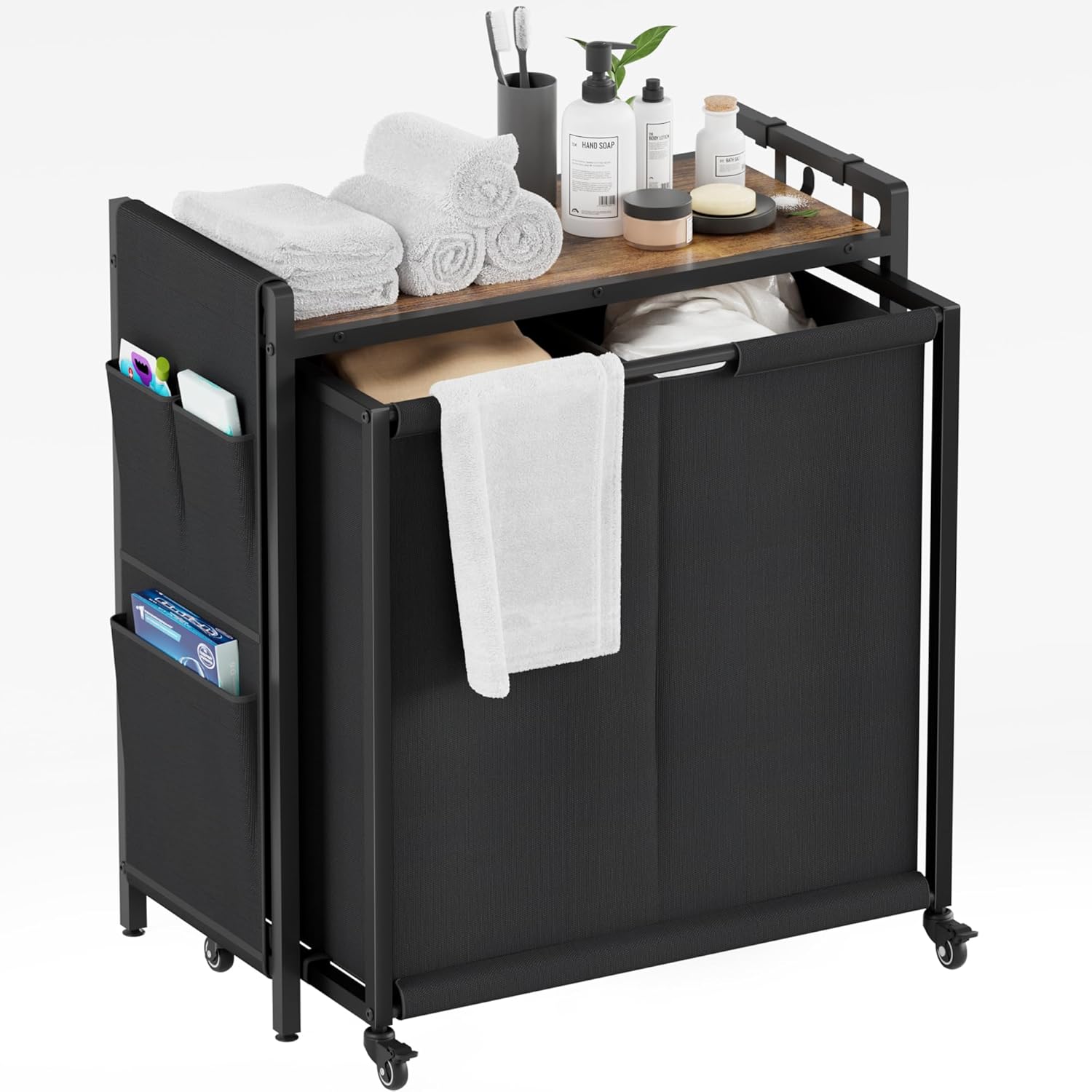 Laundry Hamper 2 Section: Laundry Sorter with Pull-Out Cart - Rolling Laundry Basket Organizer with Shelf and Wheels - Clothes Hamper for Laundry Room Bathroom Bedroom