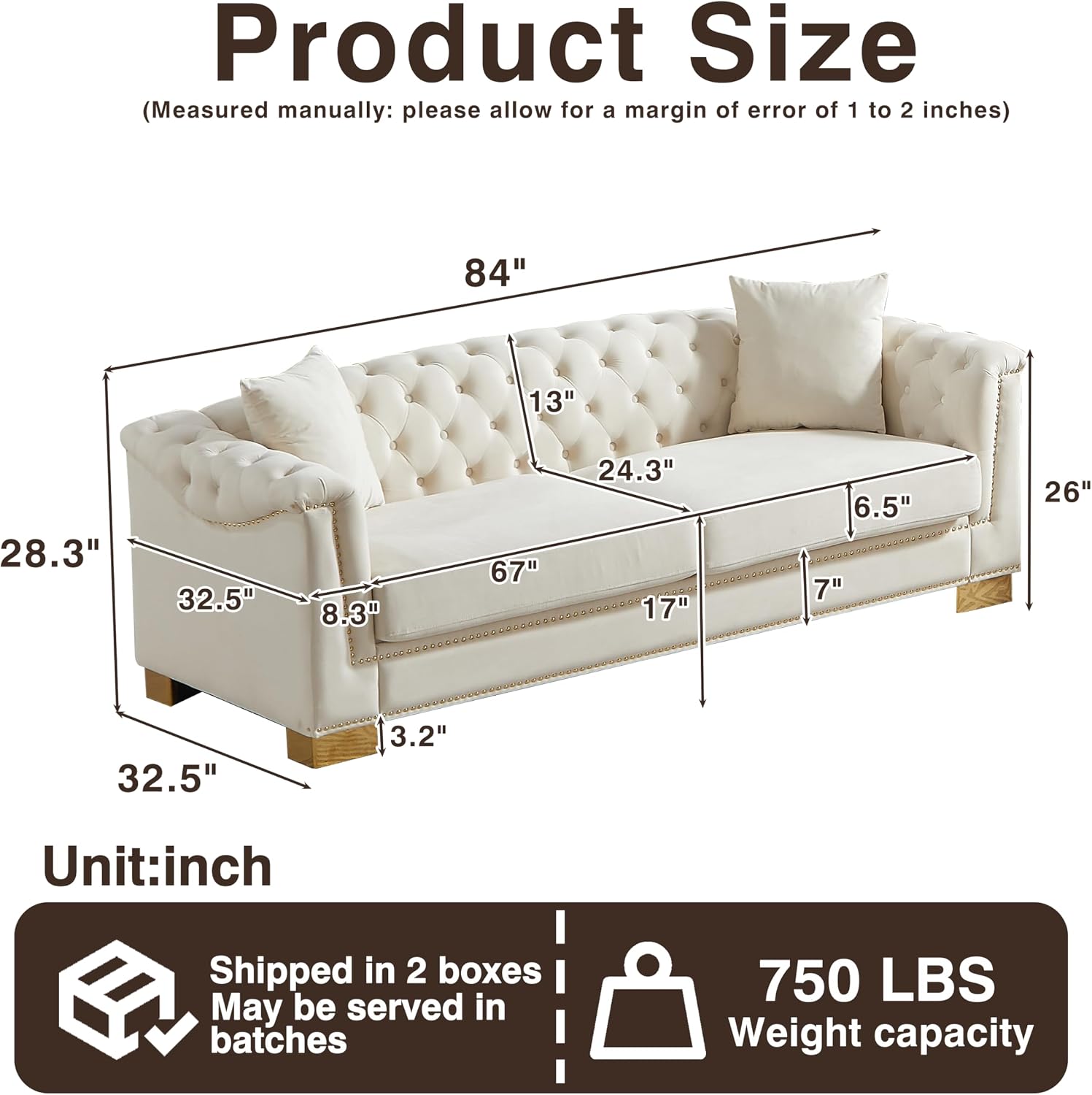 Harper & Bright Designs 84" Classic Modern Chesterfield Sofa - Velvet 3-Seater Couch with Rolled Arms, Tufted Back & Studs for Living Room - Beige
