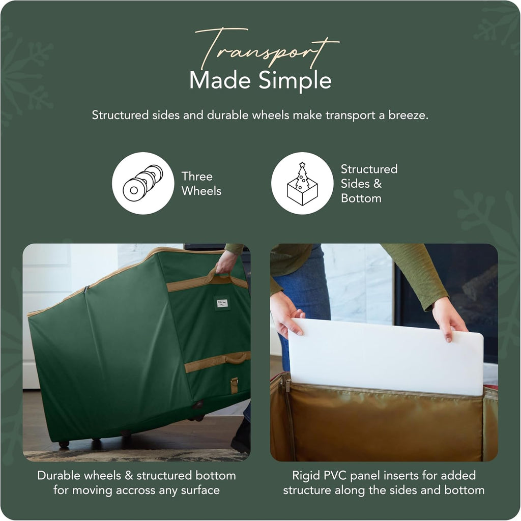 Covermates Keepsakes Christmas Tree Structured Rolling Storage Bag – Heavy-Duty Holiday Storage Container with Wheels, Padded Handles & Sturdy Inserts – Closet & Garage Organization, Green