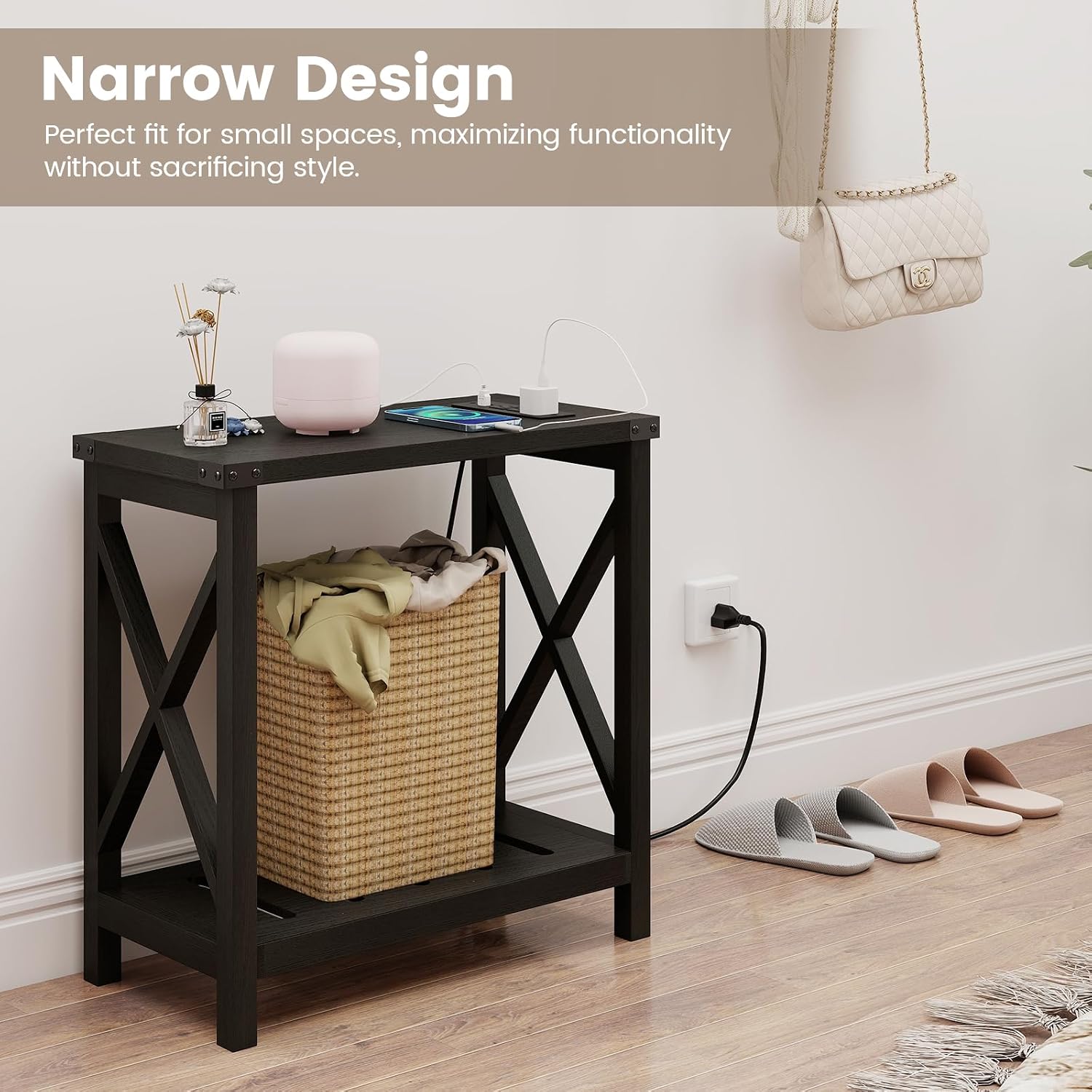 Hadulcet Farmhouse Side Table with Charging Station - Narrow Bedside Table for Small Space, Slim End Table, Rustic X-Design Nightstand for Living Room, Bedroom, Classic Black