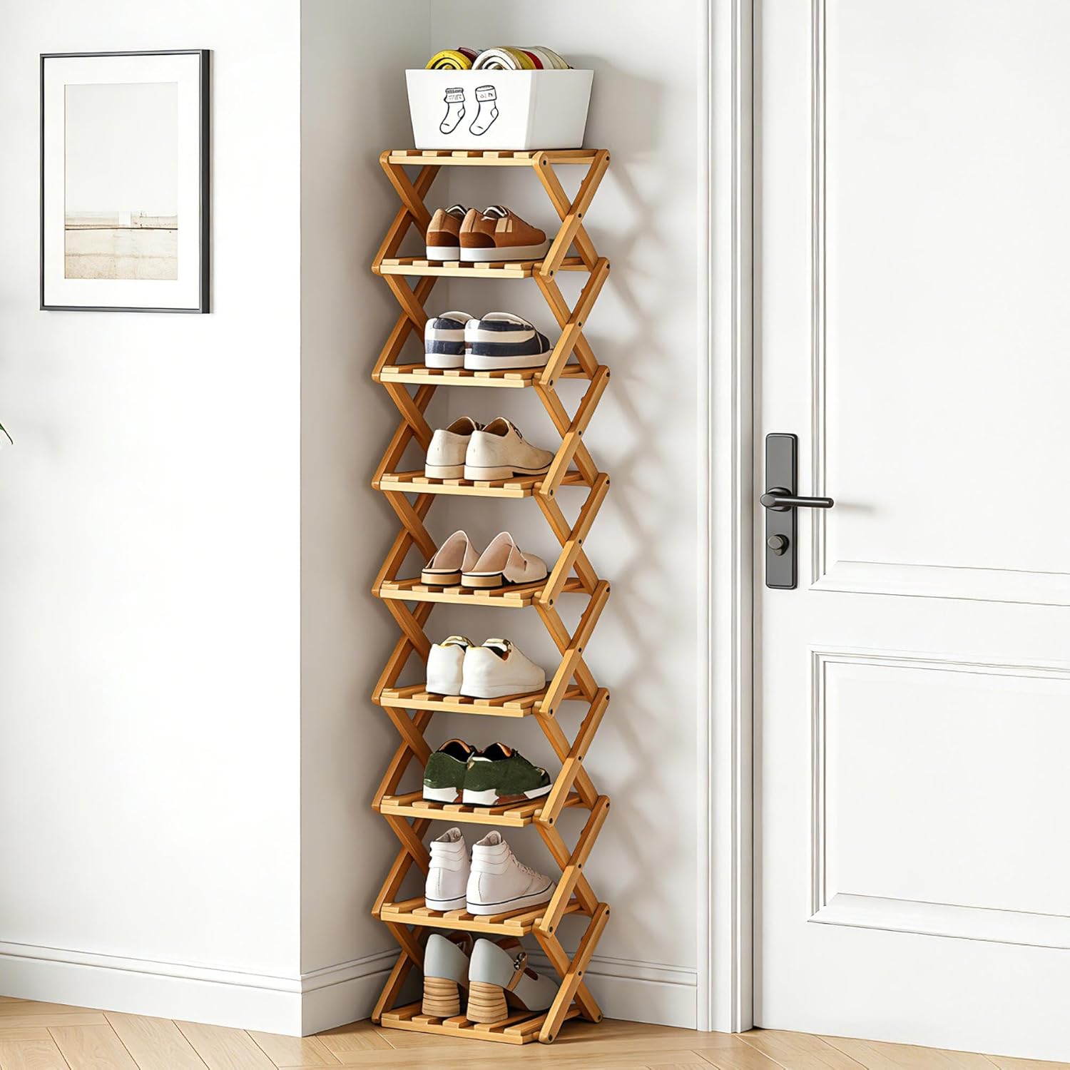 9 Tier Bamboo Shoe Rack, Foldable Narrow Shoe Organizer, Space Saving Vertical Shoe Storage Shelf Tower, No Assembly Eco-Friendly Wooden Shoe Rack for Closet & Entryway, Small Spaces (Bamboo, 9)