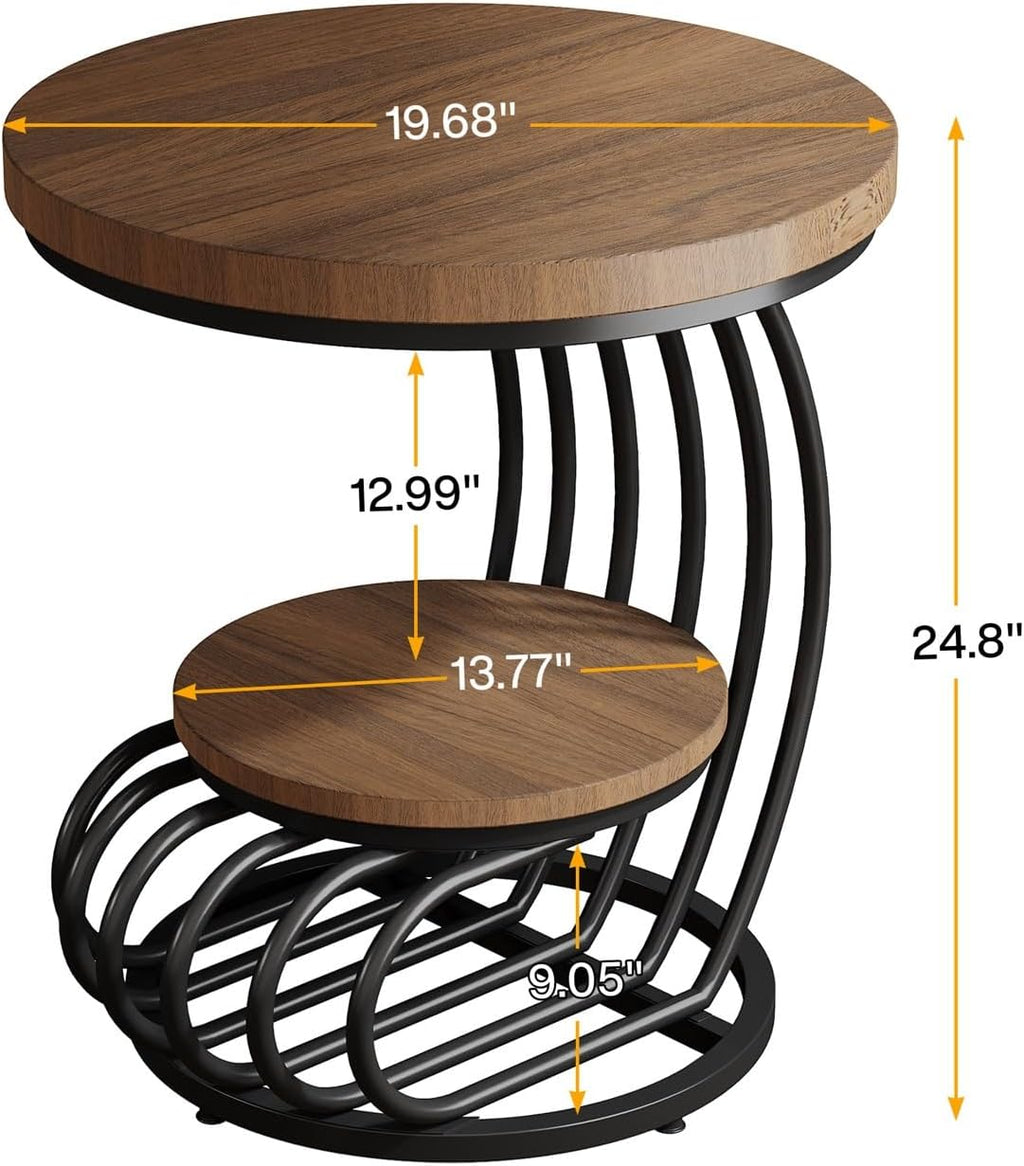 LITTLE TREE Round Side Table, Wood End Table with 2-Tier Storage Shelf, Accent Coffee Table, Creative Curved Metal Frame End Table for Small Spaces, Living Room, Bedroom, Light Brown + Black