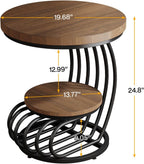 LITTLE TREE Round Side Table, Wood End Table with 2-Tier Storage Shelf, Accent Coffee Table, Creative Curved Metal Frame End Table for Small Spaces, Living Room, Bedroom, Light Brown + Black