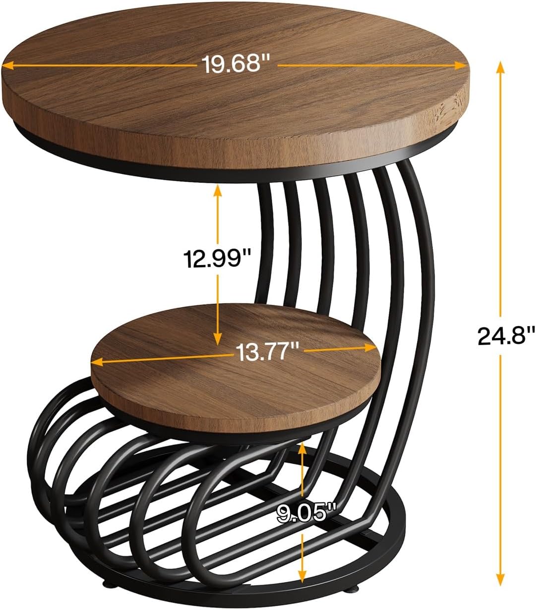 LITTLE TREE Round Side Table, Wood End Table with 2-Tier Storage Shelf, Accent Coffee Table, Creative Curved Metal Frame End Table for Small Spaces, Living Room, Bedroom, Light Brown + Black