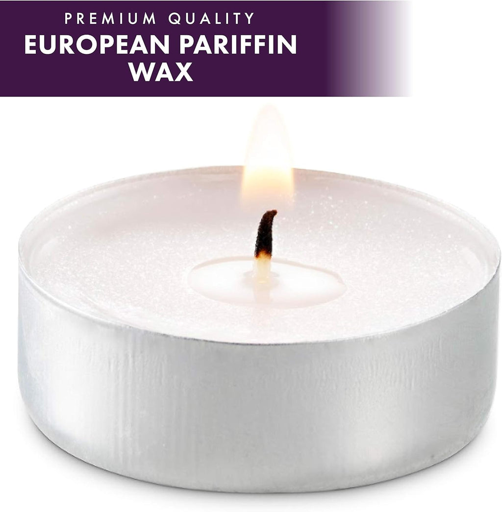 MontoPack Unscented Tea Light Candles 100 Pack | 4 hours, White, Smokeless, Dripless Small Votive Paraffin Tealights | Long-Lasting for Home, Shabbat, Weddings, Events, Emergencies | Mini Candles Bulk