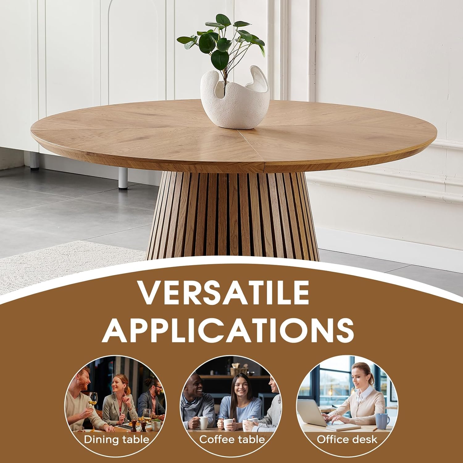Modern Round Dining Table with Fluted Pedestal Base, Natural Wood Finish, 47.24 Inch Diameter, Contemporary Kitchen Table for Living Room and Dining Room