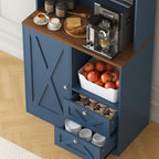 71" Tall Coffee Bar Cabinet with Storage Hutch, Farmhouse Kitchen Pantry Cabinet with LED Lights Microwave Stand and Glass Holder for Home Dining Room Kitchen (Blue)