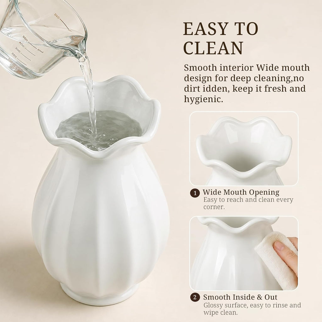 Ceramic Flower Vase with Bow Decor for Home Table Centerpieces White 7.5in | Farmhouse vase perfectly accents dining tables, living rooms, kitchens, bedrooms, bookshelves, coffee tables, and mantels.