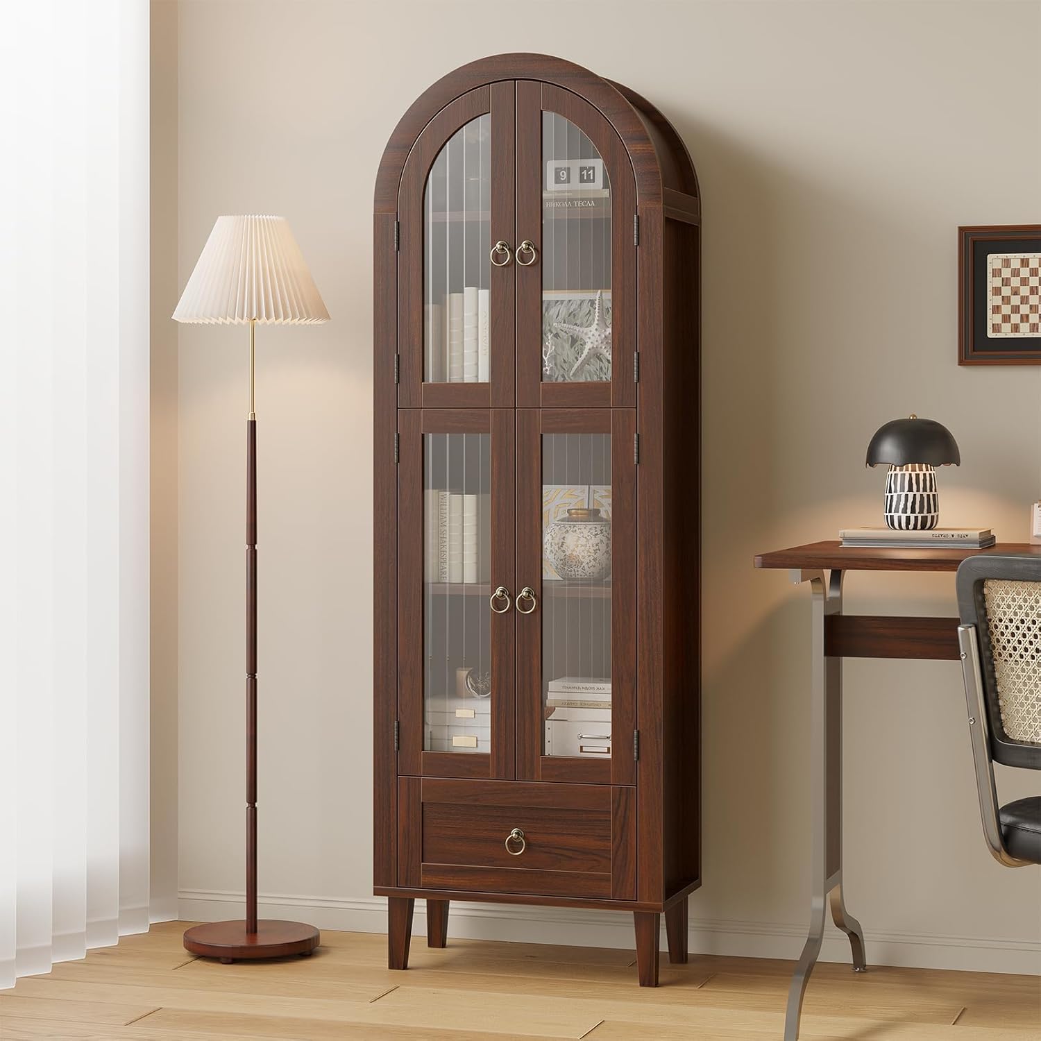 71" Tall Arched Cabinet with Acrylic Door, Modern Curio Arched Bookcase with Drawer, Display Cabinet Organizer, Kitchen Pantry with Top-Opening Storage Container, Brown, 71"x23.6"x11.8"