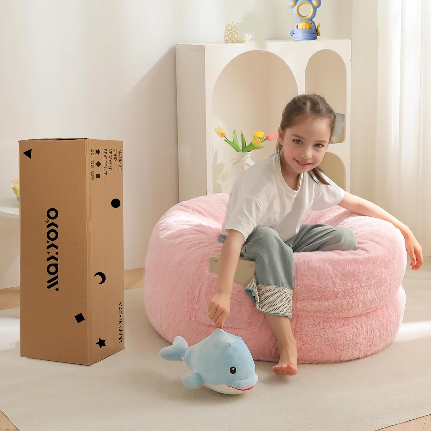 MAXYOYO Bean Bag Chair Bed for Kids, Convertible Bean Bag Folds from Lazy Chair to Floor Bed, Stuffed Floor Sofa Couch Sofa Bed for Boys and Girls, High-Density Foam Filling, Pink