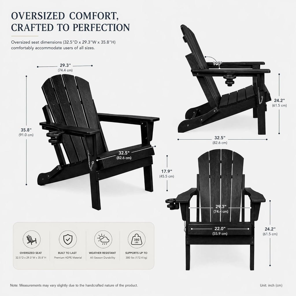 Foldable Adirondack Chair Set of 2/4/6, HDPE Outdoor Patio Chair with Cup Holder & Phone Slot, Heavy Duty 380 lbs, Metal Limit Chain, Space Saving Folding, Multiple Colors (4, Black)