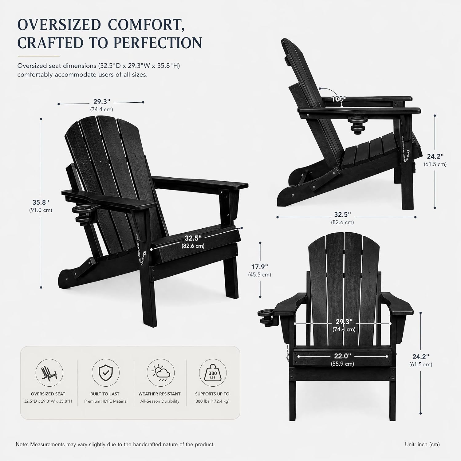 Foldable Adirondack Chair Set of 2/4/6, HDPE Outdoor Patio Chair with Cup Holder & Phone Slot, Heavy Duty 380 lbs, Metal Limit Chain, Space Saving Folding, Multiple Colors (4, Black)