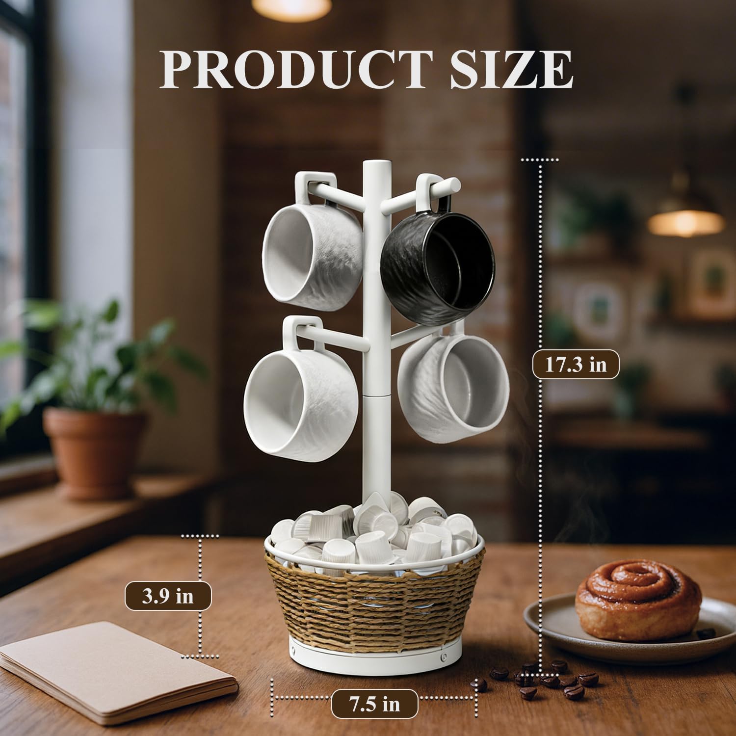 Wood Mug Holder Tree with Woven Basket, 4 Hooks Coffee Mug Holder, Countertop Mug Tree for Kitchen Counter Cabinet Coffee Bar Accessories Cup Display Organizer Hanger(White)