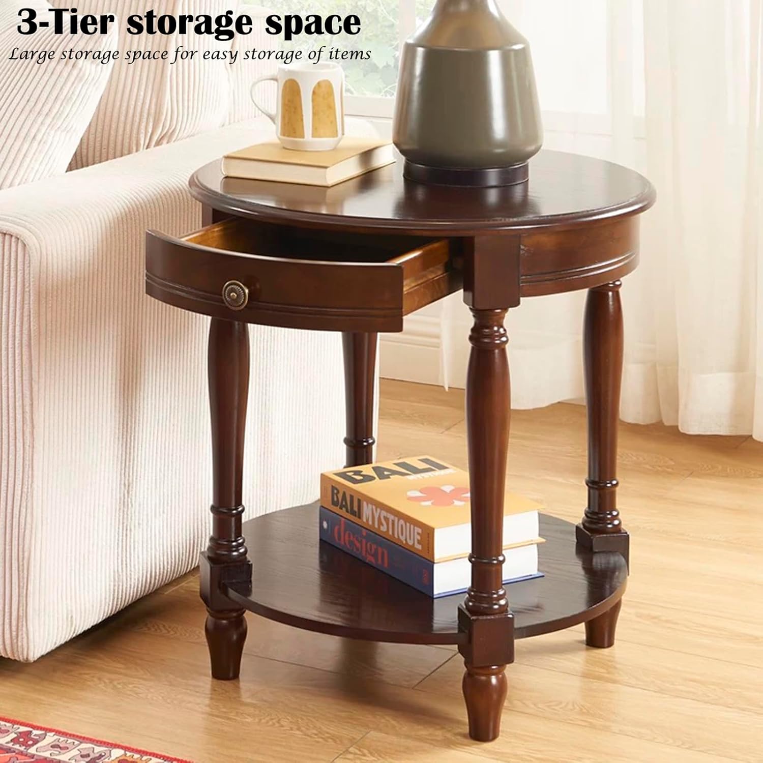 YUNMUARY-Solid Wood End Table Round Side Table with Drawers Vintage Nightstand Sofa Side Tables with Storage Shelf Traditional Retro End Tables for Small Spaces Living Room,Dark Brown