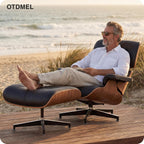 Luxury Top Black Grain Leather Mid Century Chaise Lounge Chair with Ottoman, Premium Handcrafted Walnut Wood, Ergonomic Modern Accent Chair for Living Room Office