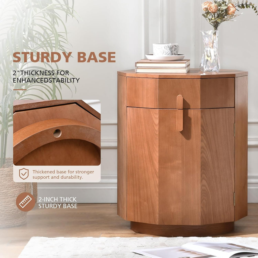 Ahokua Modern Octagonal End Table with Drawer and Cabinet, 19.7" Wide Side Table with Door Storage Rack, Modern Small Nightstand for Bedroom, Living Room or Entryway, Natural Wood
