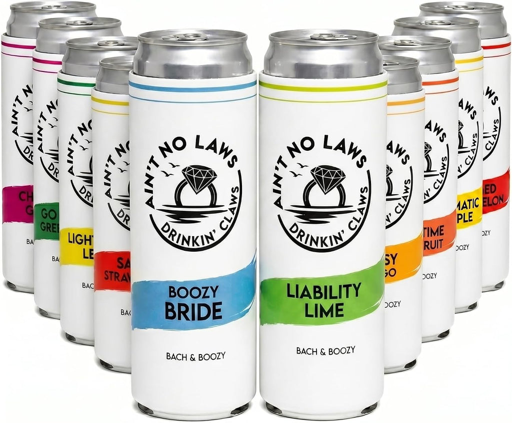 Funky Junque Bachelorette Party Favors Slim Can Cooler, Funny Bridesmaid & Bride Gifts for Girls Trip, Bridal Shower Decorations & Accessories, 12 oz Skinny Can Covers - Ain't No Laws - 10 Pack
