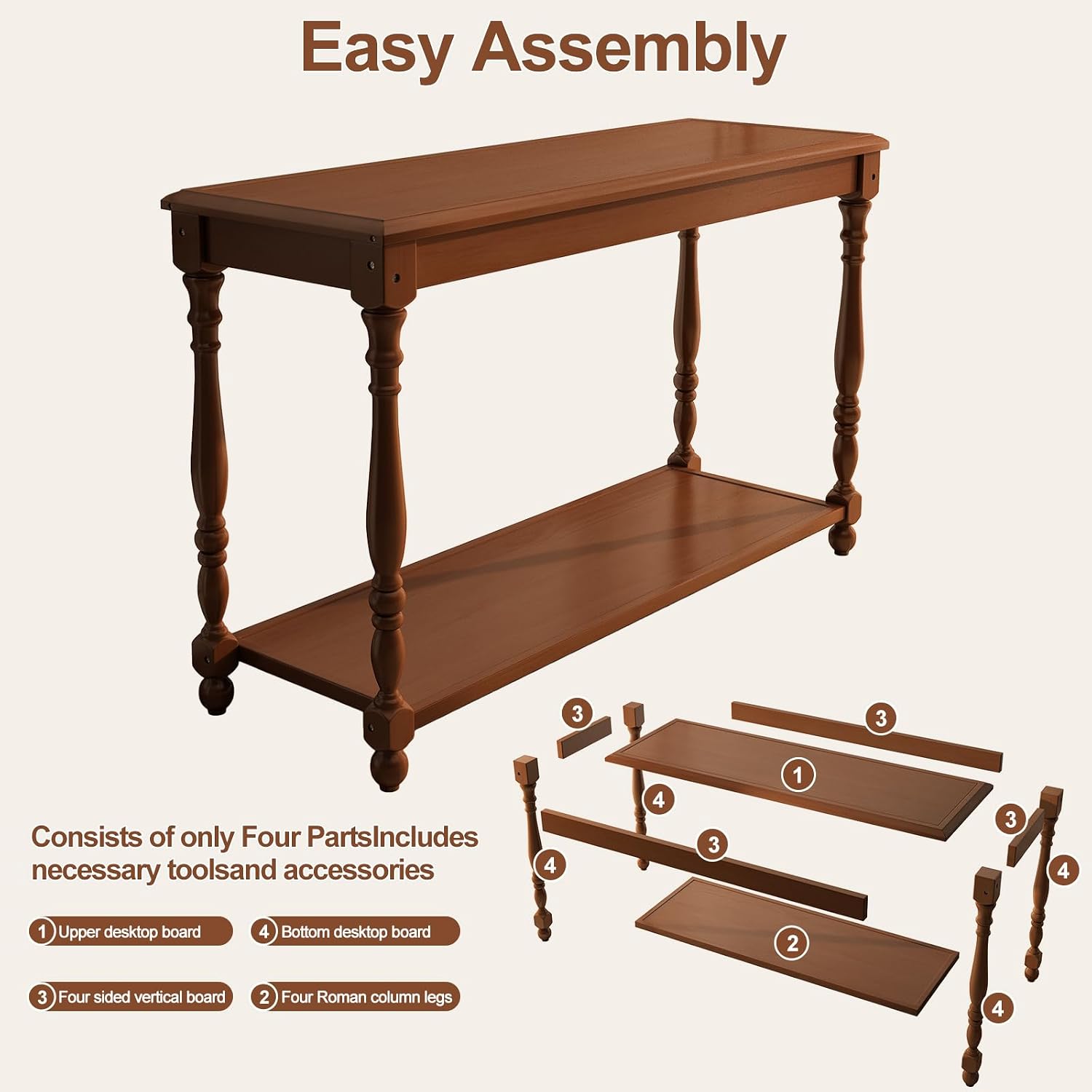 50" Vintage Farmhouse Console Table, Solid Wood Couch Table Behind Sofa with Storage Shelf, Long Entryway Table, Narrow Console Stand, Hallway Table for Entryway, Living Room, Vintage Brown
