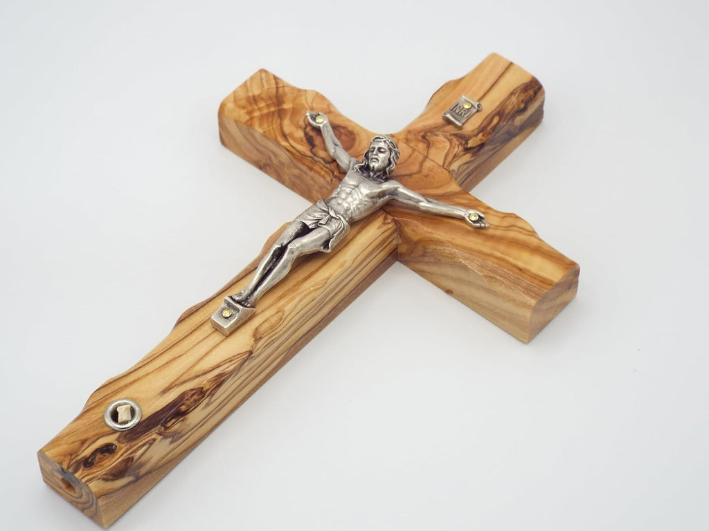 King David Market Olive Wood Crucifix Cross (8 Inch), Wall Hanging Christian Crucifix Featuring a Decorative Natural Stone from Jerusalem, Handcrafted Religious Décor