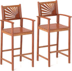 COSTWAY Outdoor Bar Chairs Set of 2, 29'' Tall Acacia Wood Barstools with Back Support, Armrest and Footrest, Patio High Top Chairs for Backyard, Poolside, Deck, Garden