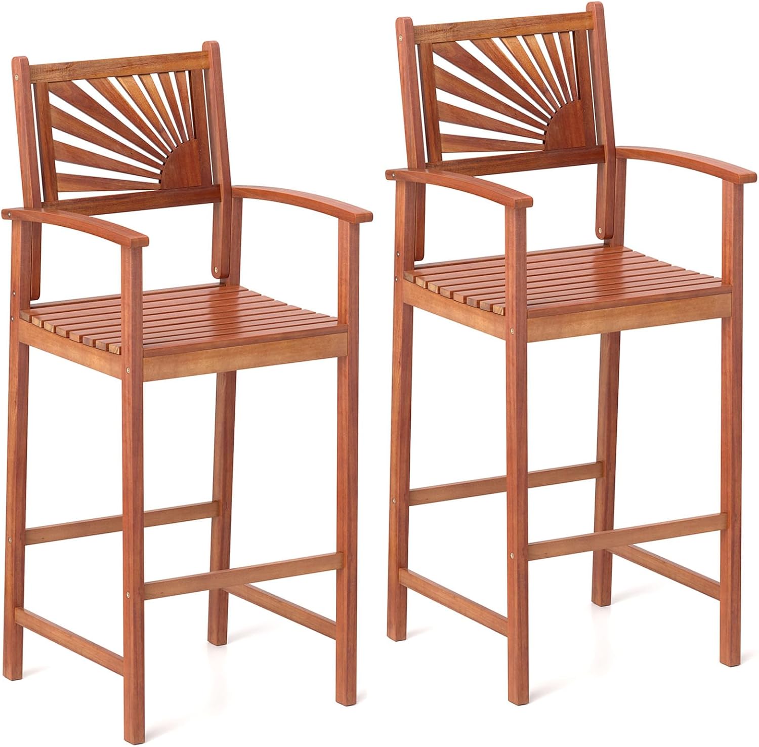 COSTWAY Outdoor Bar Chairs Set of 2, 29'' Tall Acacia Wood Barstools with Back Support, Armrest and Footrest, Patio High Top Chairs for Backyard, Poolside, Deck, Garden