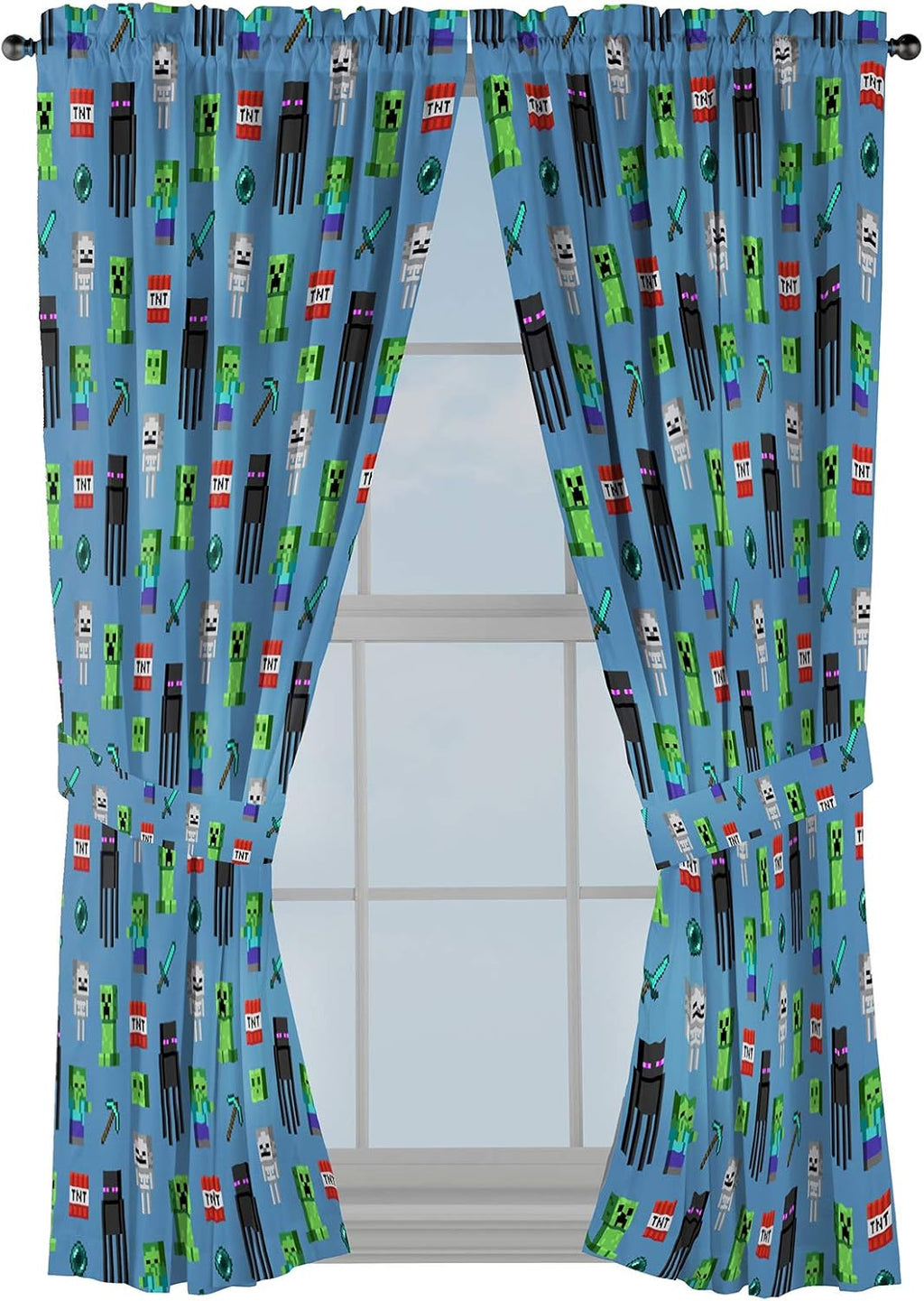 Jay Franco Kids Window Drapes - 4 Piece Curtain Set Includes 2 Tiebacks, Beautiful Bedding Room Décor and Easy Set Up, Blue - Minecraft, 63 Inch