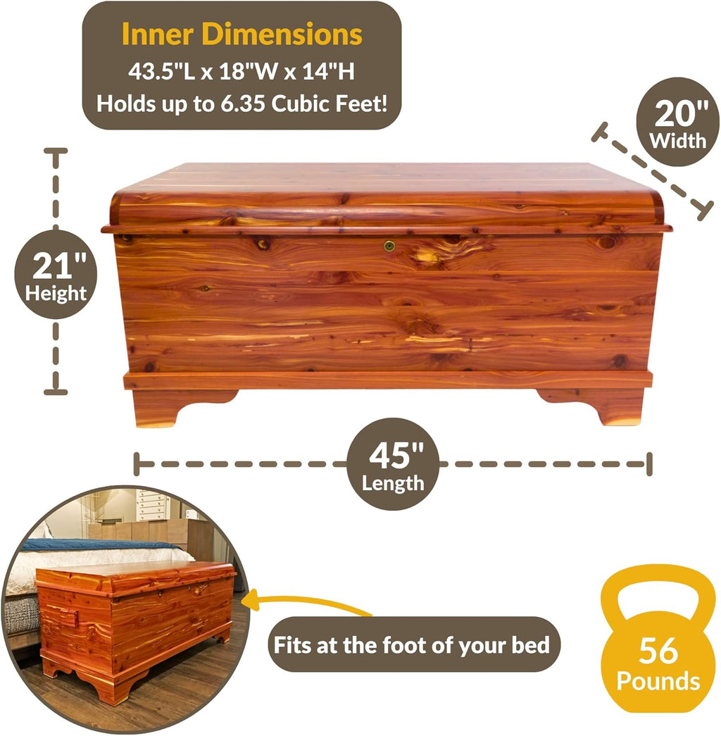 DutchCrafters Red Cedar Wood Blanket Storage for Living Room, Fully Lined Hope Chest, Bedroom Bench, Lockable Storage Box, Locking Chest with Handles and Waterfall Edge - Amish Made in USA (45" Large)