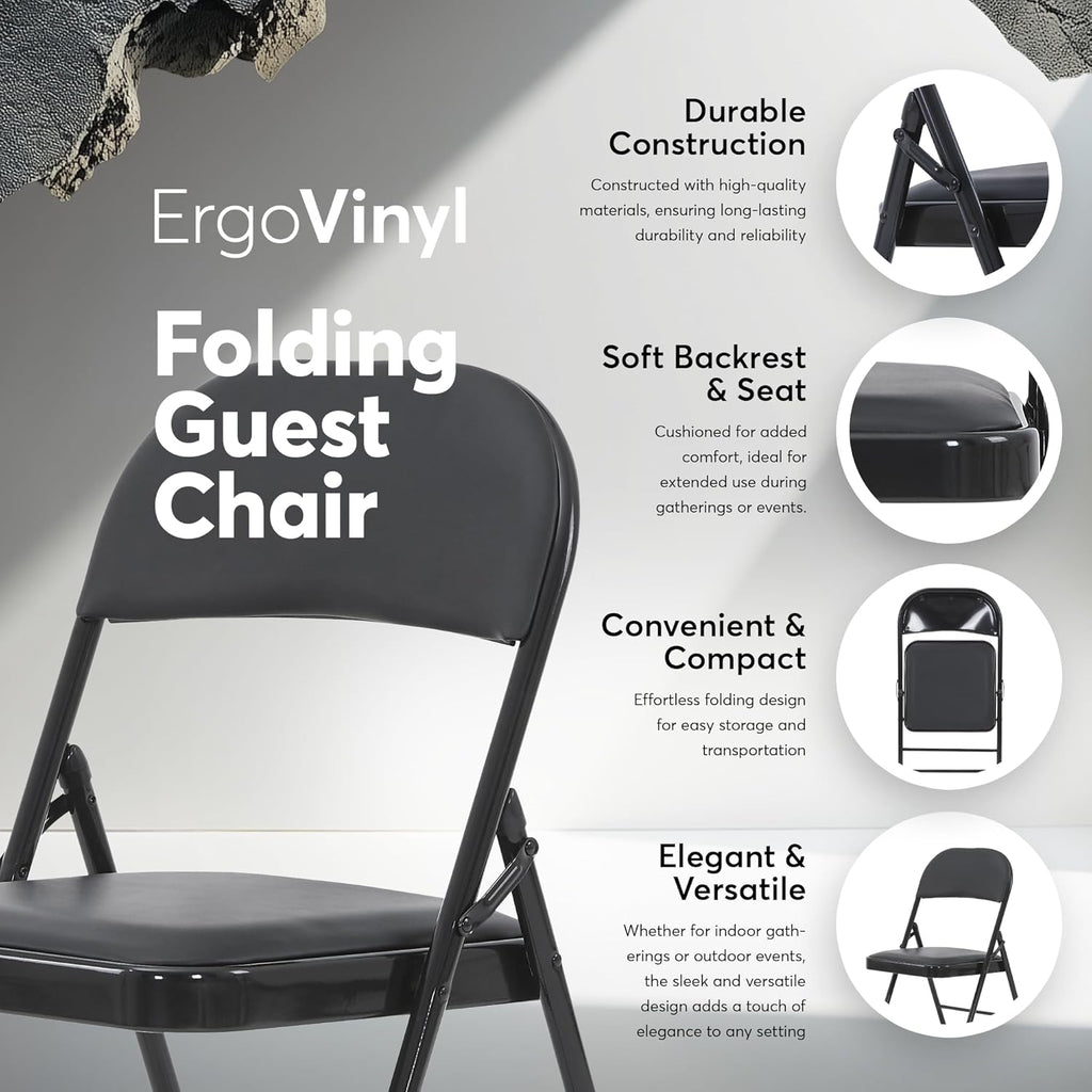 Oline Vinyl Folding Chairs, Padded Vinyl Cushion Chairs with Durable Metal Frame, Indoor Outdoor Stackable Foldable Guest Chairs for Office Wedding Kitchen Dining, 300lb Capacity (Black, 4 Pack)