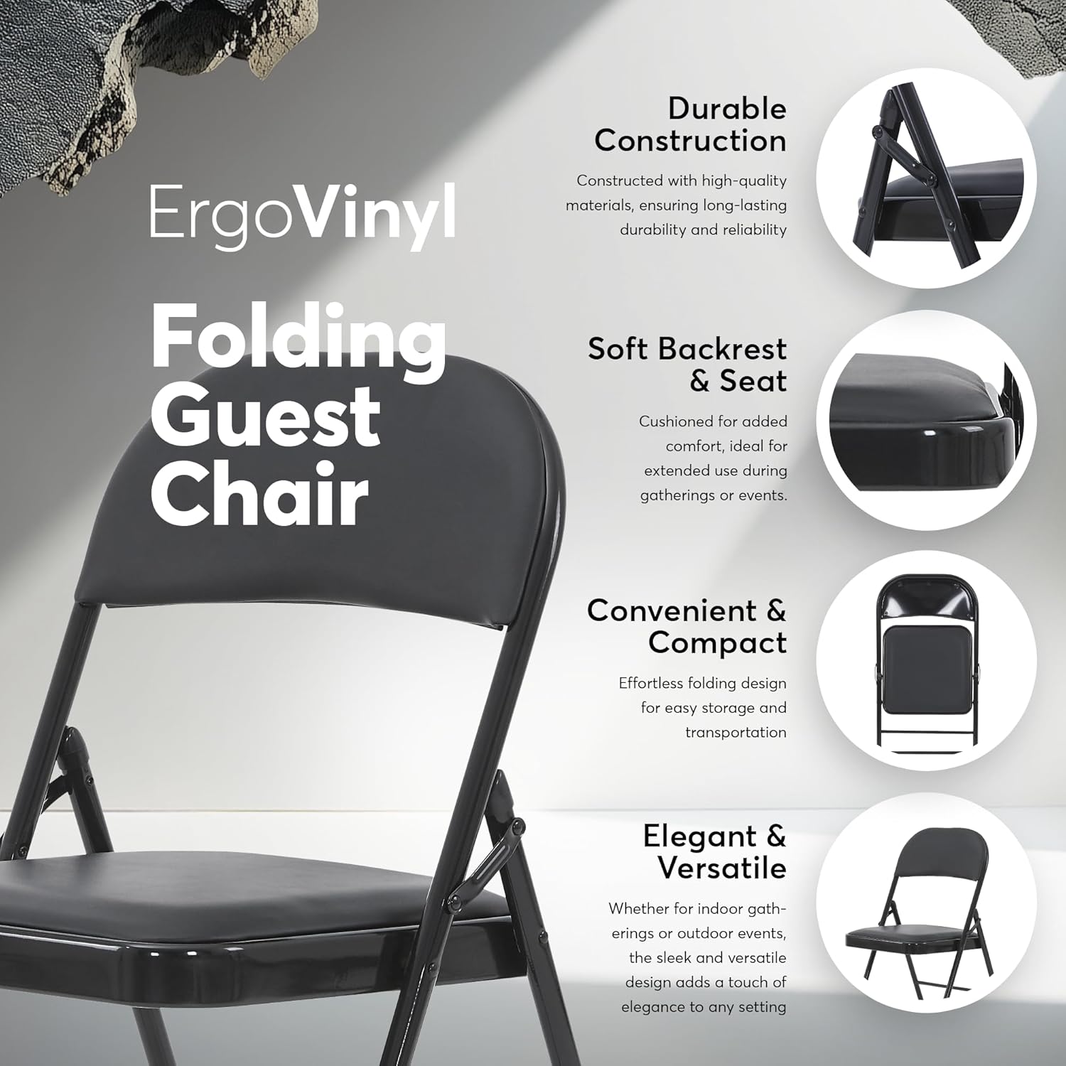 Oline Vinyl Folding Chairs, Padded Vinyl Cushion Chairs with Durable Metal Frame, Indoor Outdoor Stackable Foldable Guest Chairs for Office Wedding Kitchen Dining, 300lb Capacity (Black, 4 Pack)