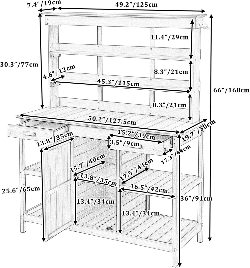 66” Large Outdoor Potting Table with 2 Drawers, Cabinet, Open Shelves, Wooden Potting Bench for Garden, Patio, Farmhouse, Backyard, Spacious Workstation (White, 66")