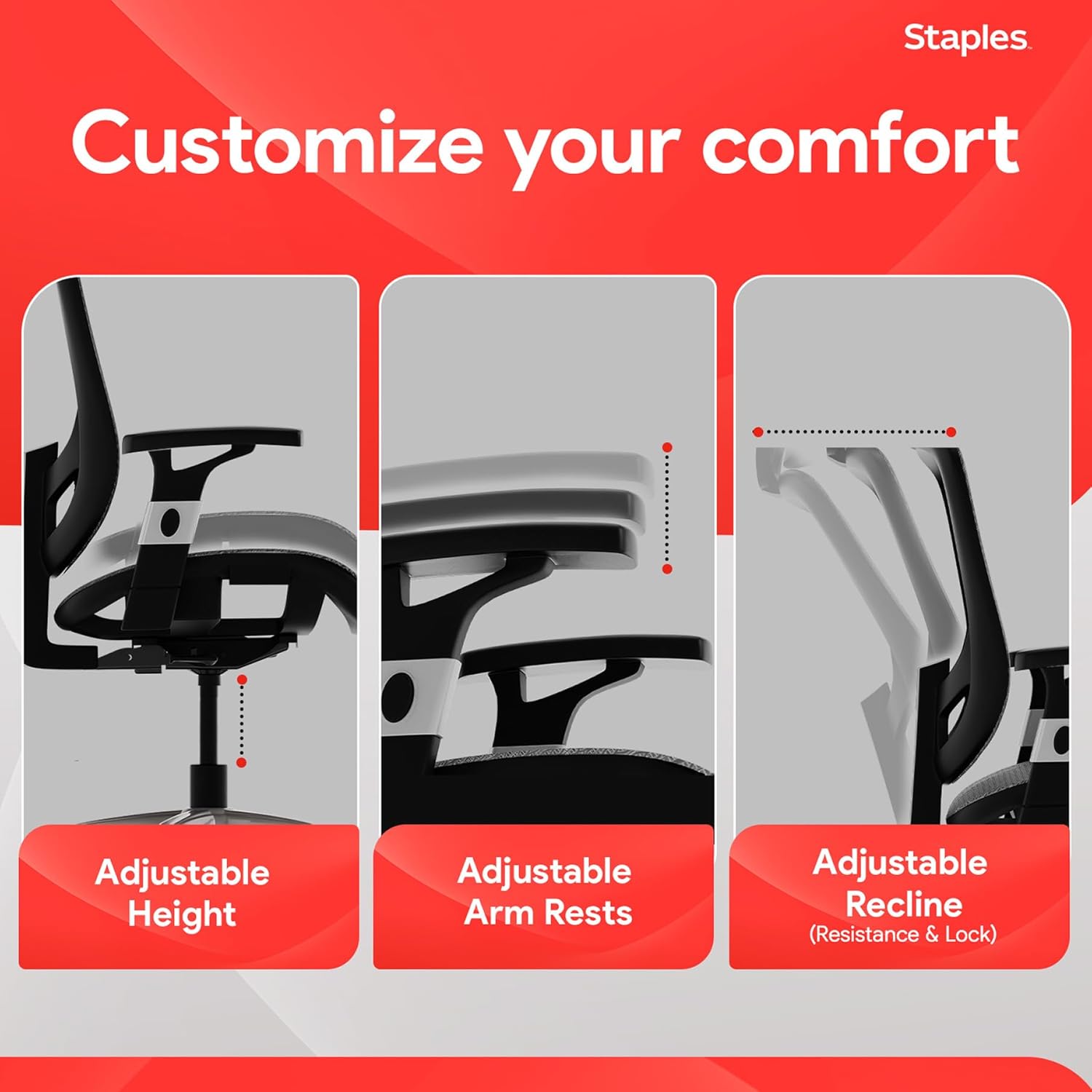 STAPLES Ergonomic Task Chair, Mesh, Ergonomic, Lumbar Support, Swivel, Gray