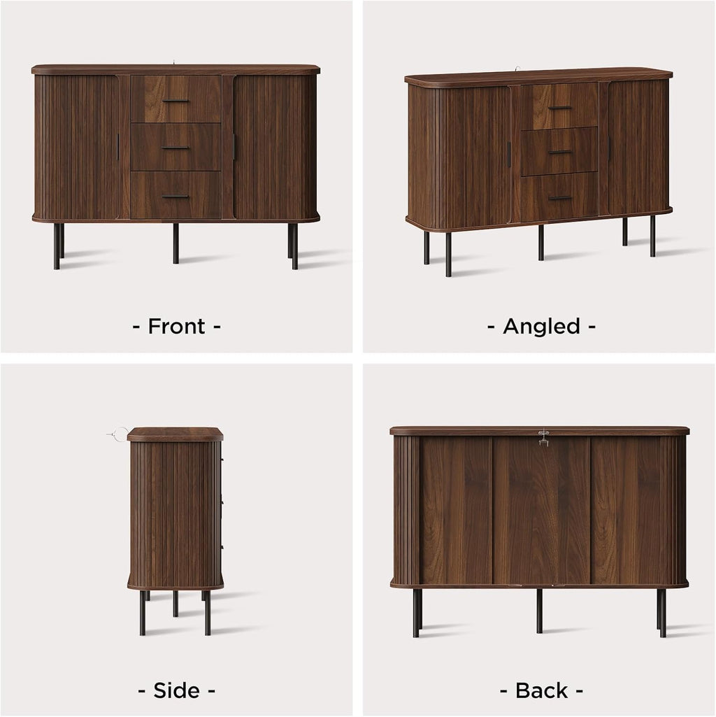47'' Fluted Cabinet with Storage, Walnut Buffet Cabinet Sideboard with Sliding Door, 3 Drawers & Adjustable Shelf, Mid Century Coffee Bar, Curved Edge Design Storage Cabinet for Kitchen, Living Room