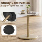 Giantex Round Marble Side Table, Modern Sofa Couch End Table w/Stone Finish & Wooden Pedestal, Coffee Drink Tables, Accent Bedside Night Stand for Bedroom Living Room Small Spaces (White & Gold,1)